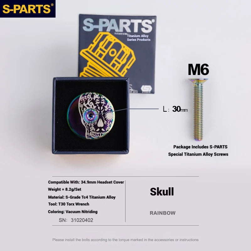 S-PARTS Titanium OD2 34.9 mm Laser Headset Cap — CNC Machined — Multiple Designs Available — Skull (Set) Rainbow