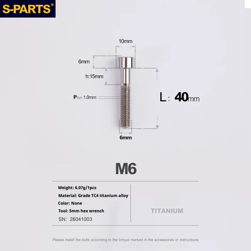 S-PARTS M6 Titanium Stem & Caliper Bolts — 30–70mm — 5mm Hex — L40mm
