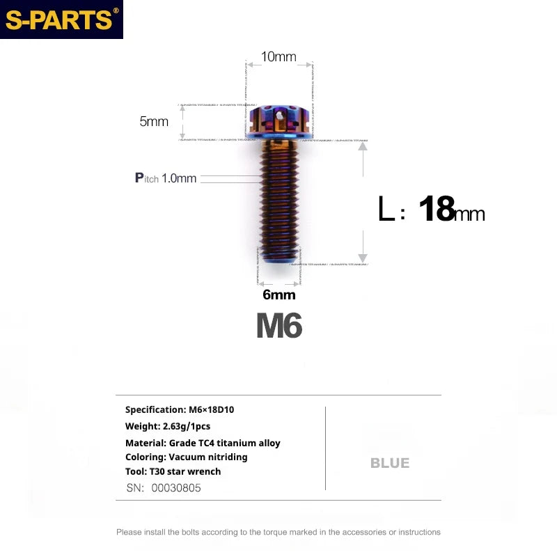 S-PARTS A3 M6 Titanium Bolts — 8–120mm — Blue — L18mm