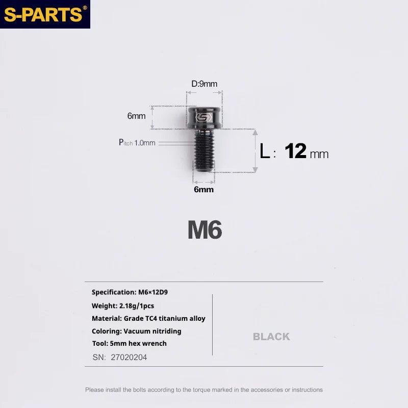 S-PARTS M6 Cylindrical Head Titanium Bolts — 10–25mm — M6×12mm / Black