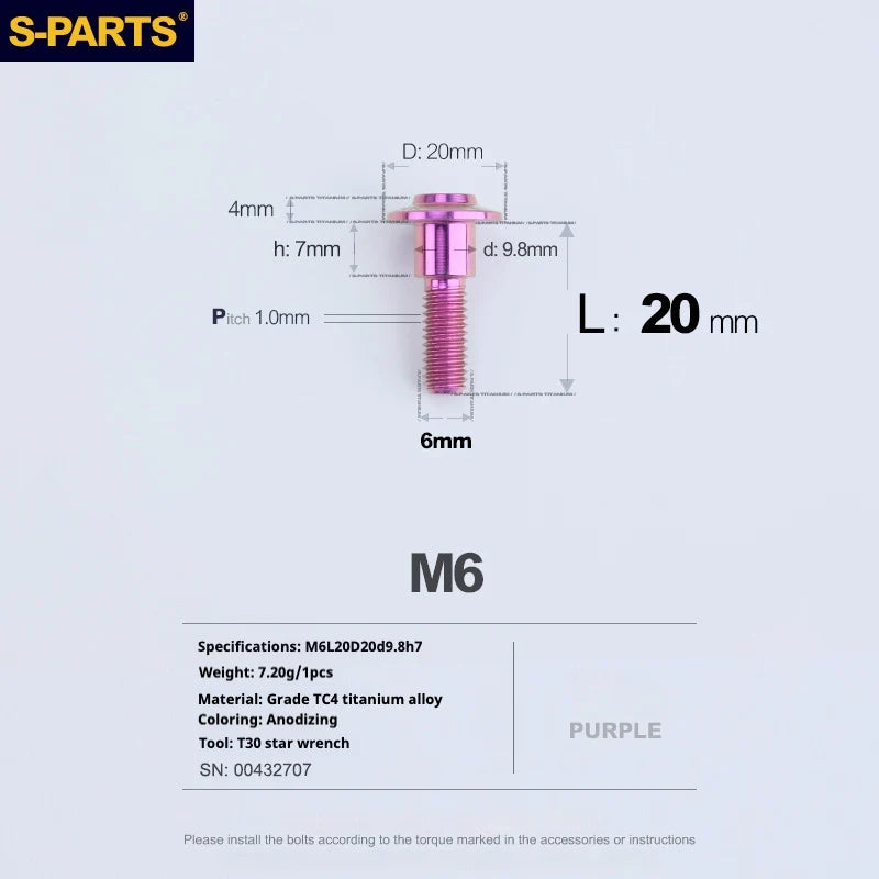 S-PARTS A3 M6 Umbrella Head Step Bolts — Purple — 36 Specifications — L20 D20 step screws D9.8 H7