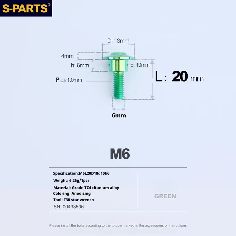 S-PARTS A3 M6 Umbrella Head Step Bolts — Green — 36 Specifications — L20 D18 step screws D10 H6
