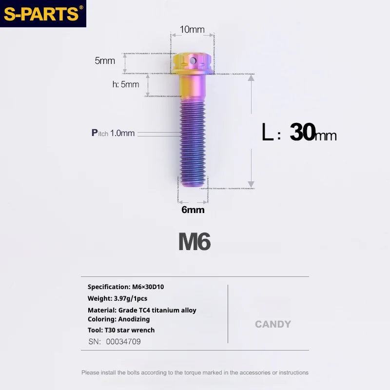 S-PARTS A3 M6 Titanium Bolts — 8–120mm — Candy — L30mm semi-threaded 25mm