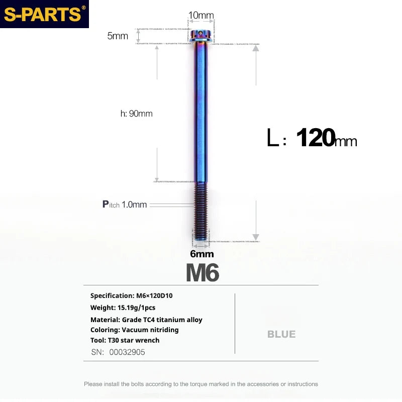 S-PARTS A3 M6 Titanium Bolts — 8–120mm — Blue — L120mm