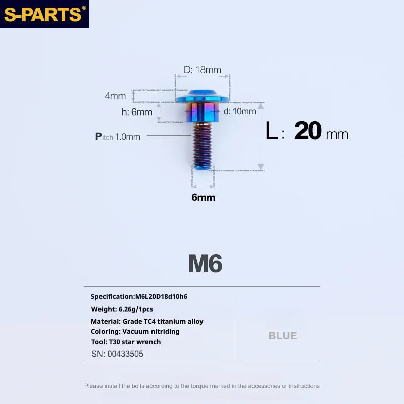 S-PARTS A3 M6 Umbrella Head Step Bolts — Blue — 36 Specifications — L20 D18 step screws D10 H6
