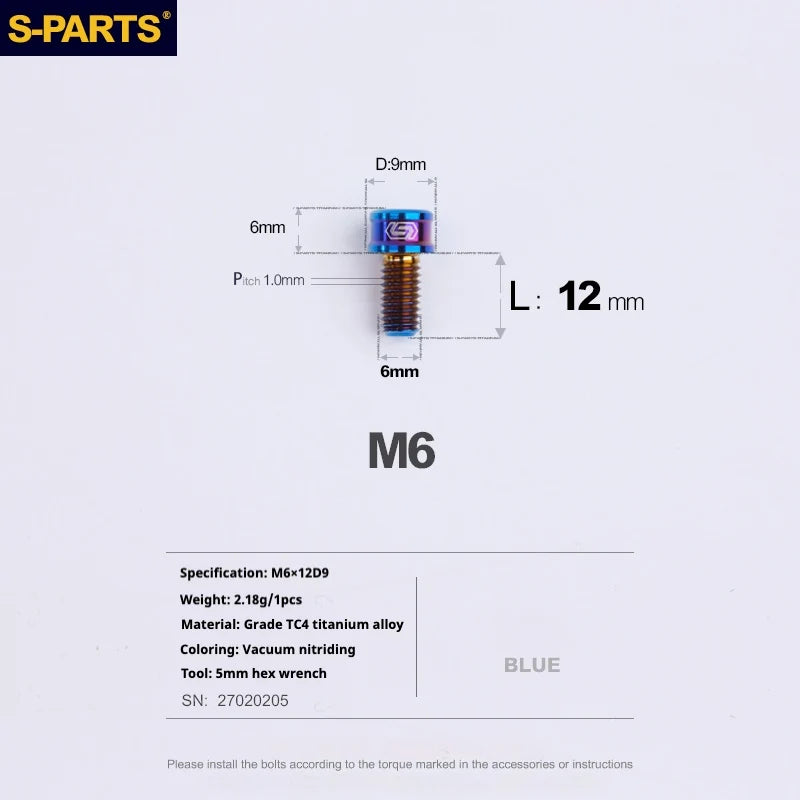 S-PARTS M6 Cylindrical Head Titanium Bolts — 10–25mm — M6×12mm / Blue