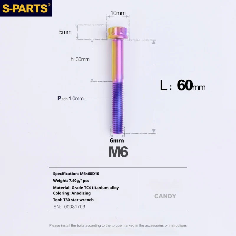 S-PARTS A3 M6 Titanium Bolts — 8–120mm — Candy — L60mm