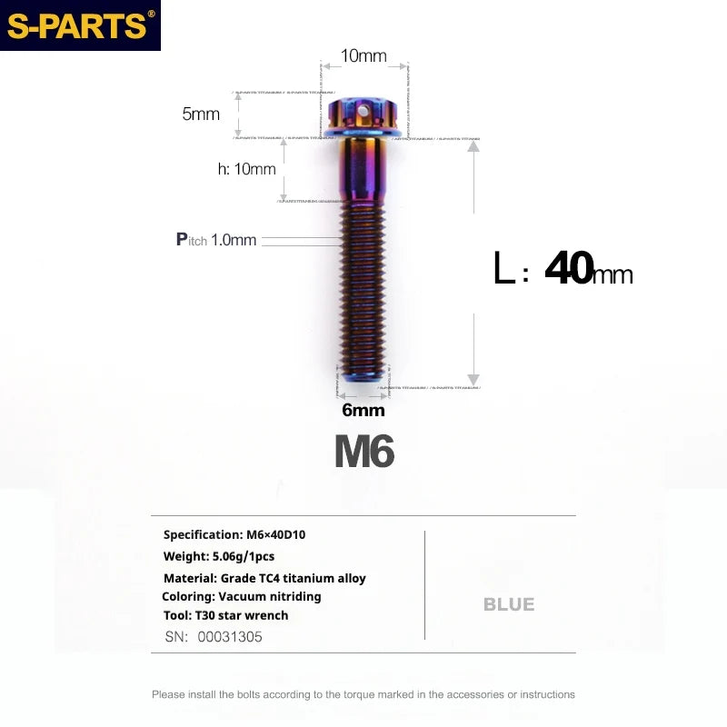 S-PARTS A3 M6 Titanium Bolts — 8–120mm — Blue — L40mm