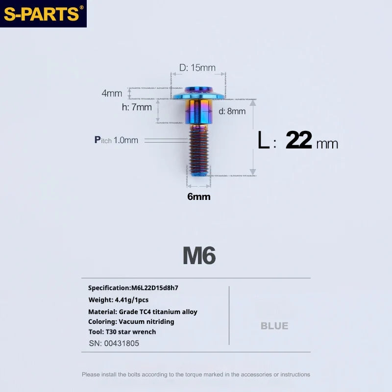 S-PARTS A3 M6 Umbrella Head Step Bolts — Blue — 36 Specifications — L22 D15 step screws D8 H7