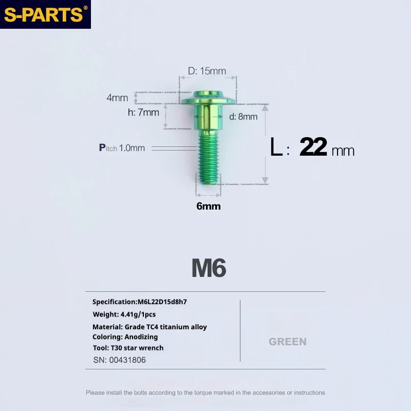 S-PARTS A3 M6 Umbrella Head Step Bolts — Green — 36 Specifications — L22 D15 step screws D8 H7