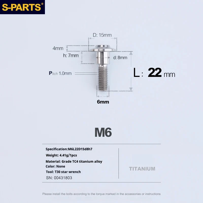 S-PARTS A3 M6 Umbrella Head Step Bolts — Titanium — 36 Specifications — L22 D15 step screws D8 H7