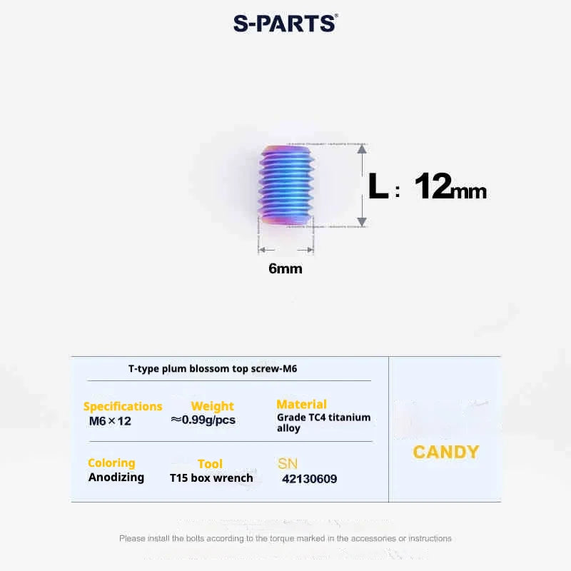 S-PARTS T15 M6 Flat-Bottom Titanium Set Screws — L8/L10/L12/L16 — L12mm / Candy