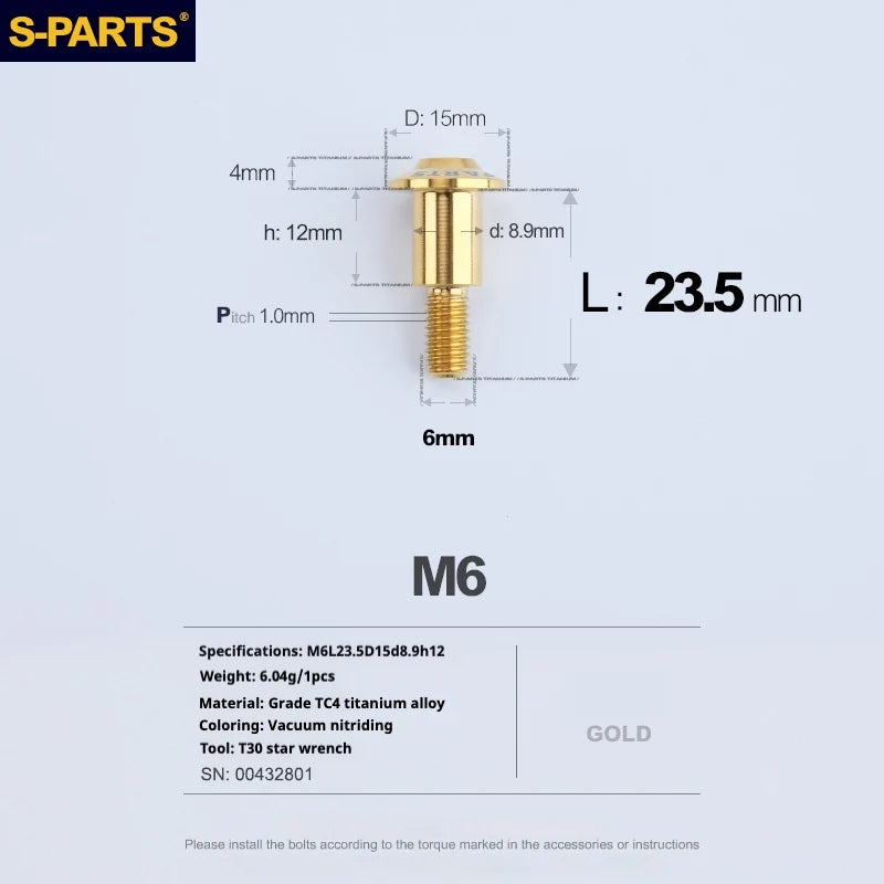S-PARTS A3 M6 Umbrella Head Step Bolts — Gold — 36 Specifications — L23.5 D15 step screws D8.9 H12
