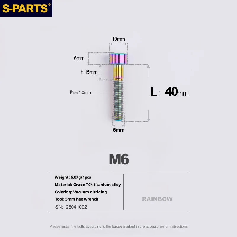 S-PARTS M6 Titanium Stem & Caliper Bolts — 30–70mm — 5mm Hex — L40mm / Rainbow