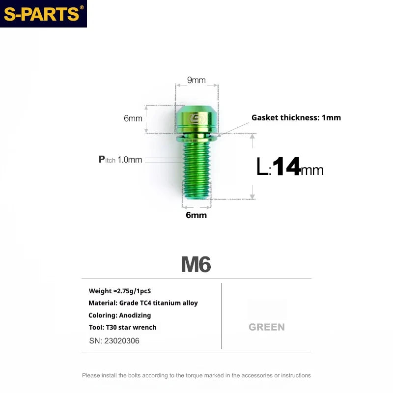 S-PARTS A2 M6 TC4 Titanium Bolts — 10–55mm — Multiple Colors — L14mm / Green
