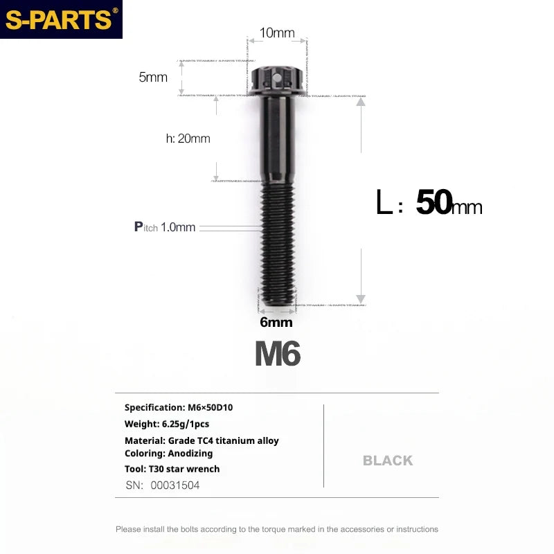 S-PARTS A3 M6 Titanium Bolts — 8–120mm — Black — L50mm