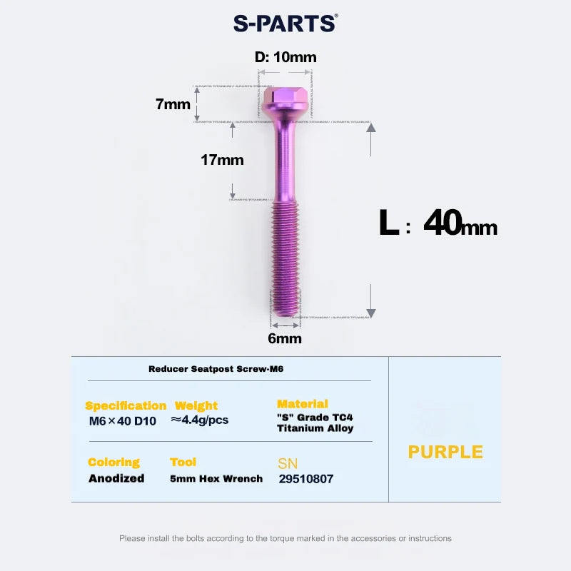 S-PARTS M6 Titanium Seatpost Step-Down Bolt & Nut Kit — 22 / 30 / 35 / 40mm — Purple