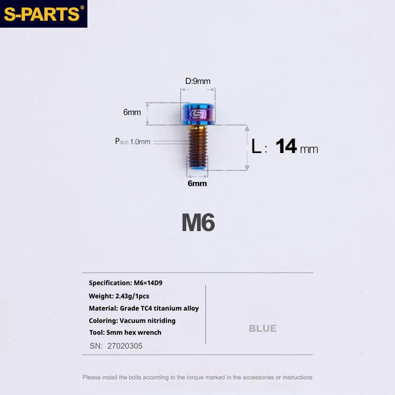 S-PARTS M6 Cylindrical Head Titanium Bolts — 10–25mm — M6×14mm / Blue