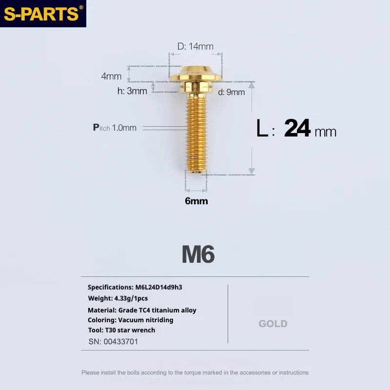 S-PARTS A3 M6 Umbrella Head Step Bolts — Gold — 36 Specifications — L24 D14 step screws D9 H3