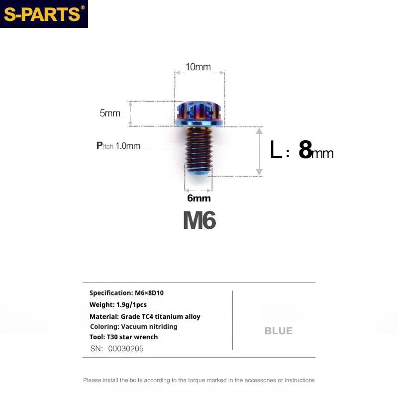 S-PARTS A3 M6 Titanium Bolts — 8–120mm — Blue — L8mm