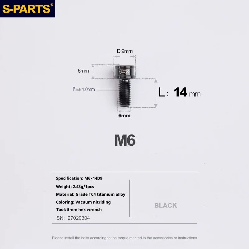 S-PARTS M6 Cylindrical Head Titanium Bolts — 10–25mm — M6×14mm / Black