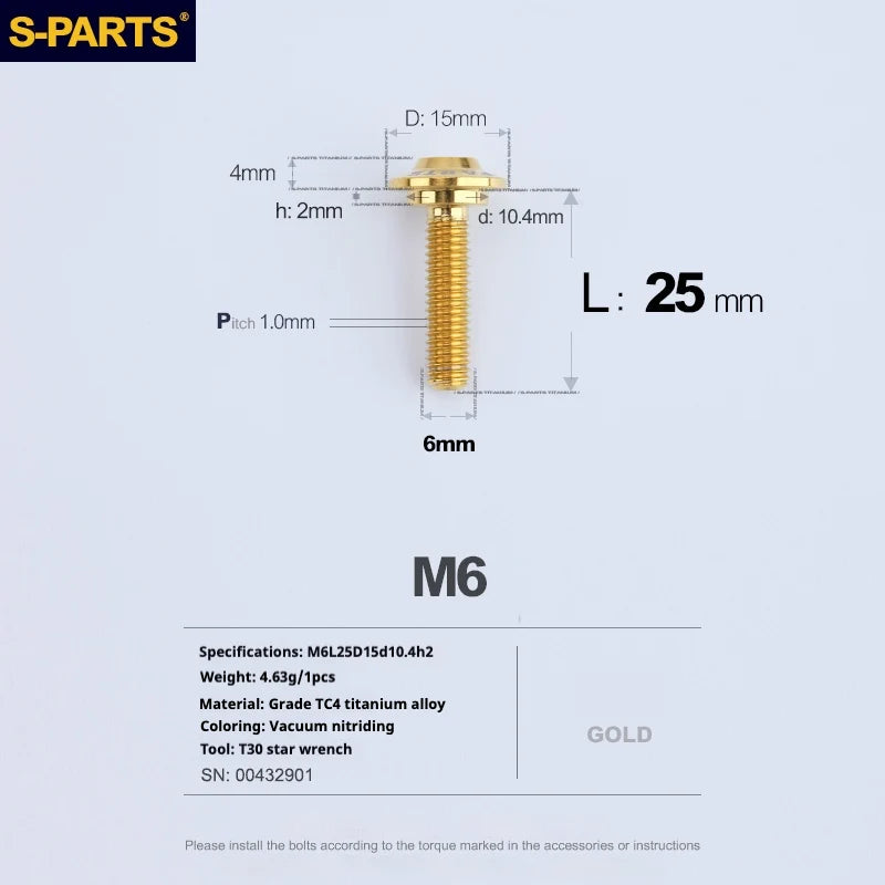 S-PARTS A3 M6 Umbrella Head Step Bolts — Gold — 36 Specifications — L25 D15 step screws D10.4 H2