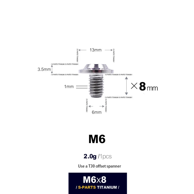 S-PARTS A3 D13 M6 Umbrella Head Titanium Bolts — 8–45mm — D13 M6×8mm