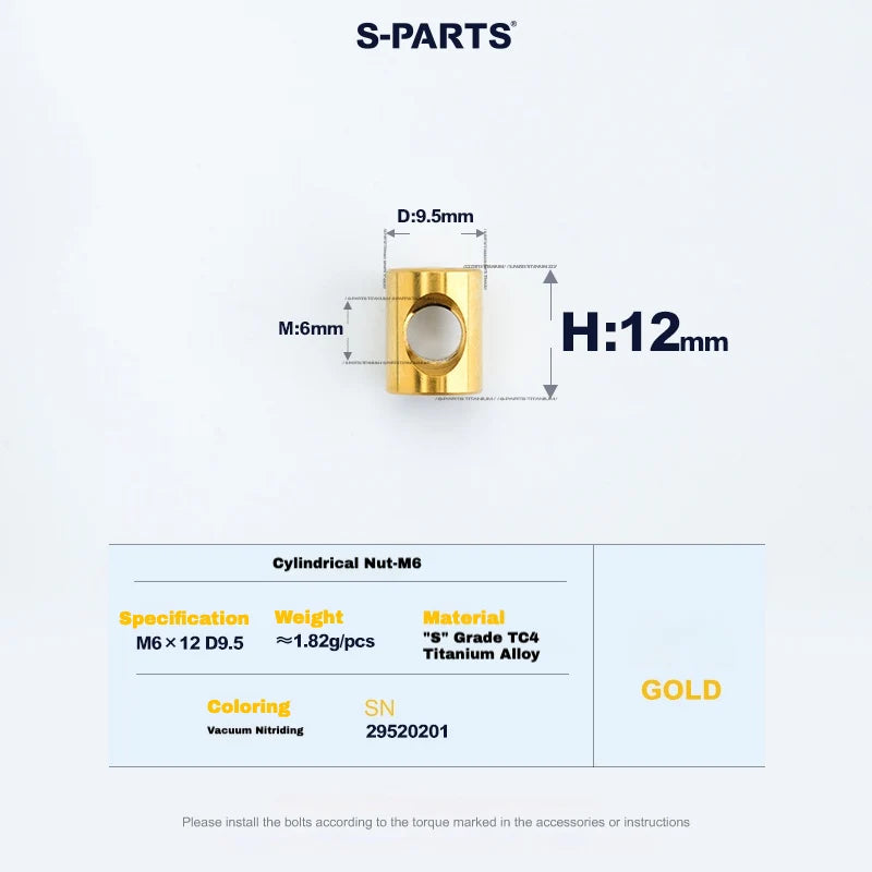 S-PARTS M6 Titanium Seatpost Step-Down Bolt & Nut Kit — 22 / 30 / 35 / 40mm — Gold / Cylindrical nut(M6 D9.5 H12)