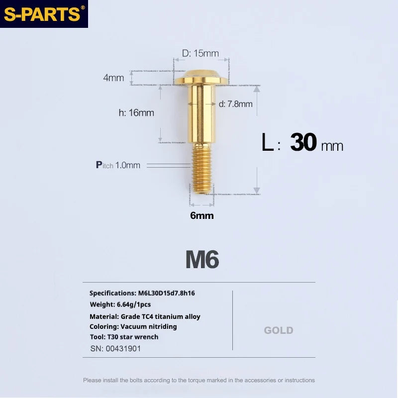 S-PARTS A3 M6 Umbrella Head Step Bolts — Gold — 36 Specifications — L30 D15 step screws D7.8 H16