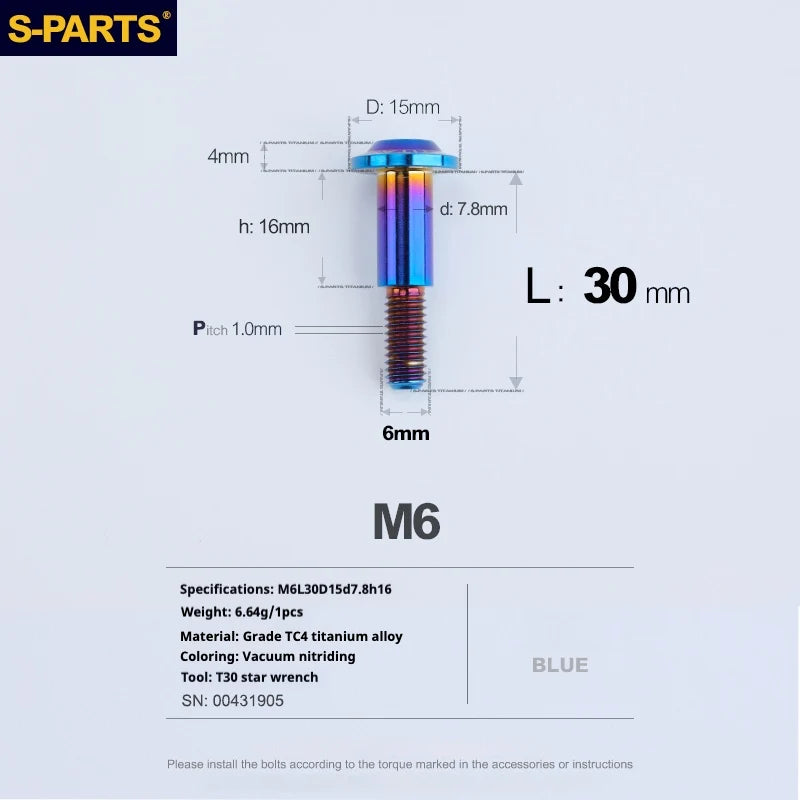 S-PARTS A3 M6 Umbrella Head Step Bolts — Blue — 36 Specifications — L30 D15 step screws D7.8 H16