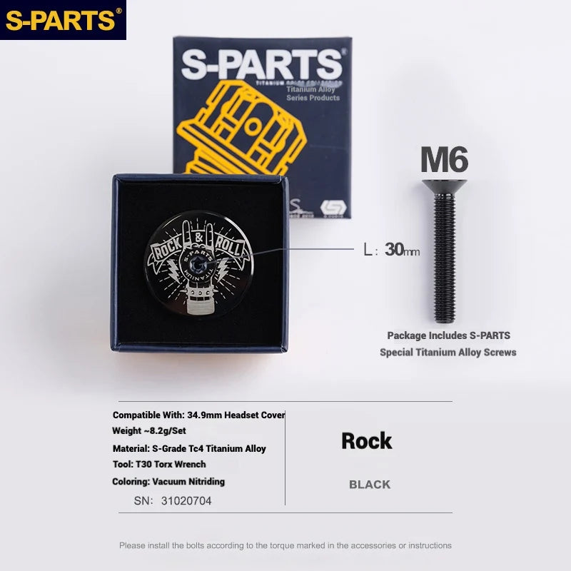 S-PARTS Titanium OD2 34.9 mm Laser Headset Cap — CNC Machined — Multiple Designs Available — Rock (Set) Black