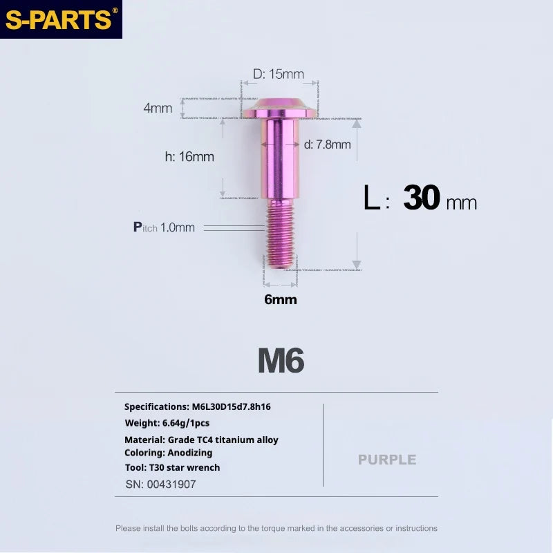 S-PARTS A3 M6 Umbrella Head Step Bolts — Purple — 36 Specifications — L30 D15 step screws D7.8 H16