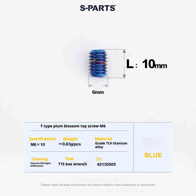 S-PARTS T15 M6 Flat-Bottom Titanium Set Screws — L8/L10/L12/L16 — L10mm / Blue