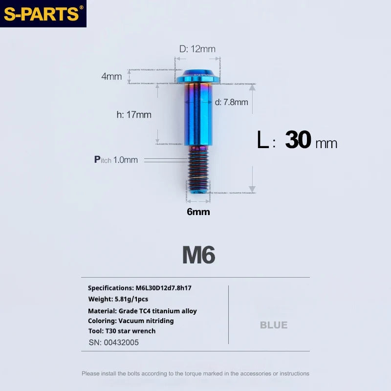 S-PARTS A3 M6 Umbrella Head Step Bolts — Blue — 36 Specifications — L30 D12 step screws D7.8 H17