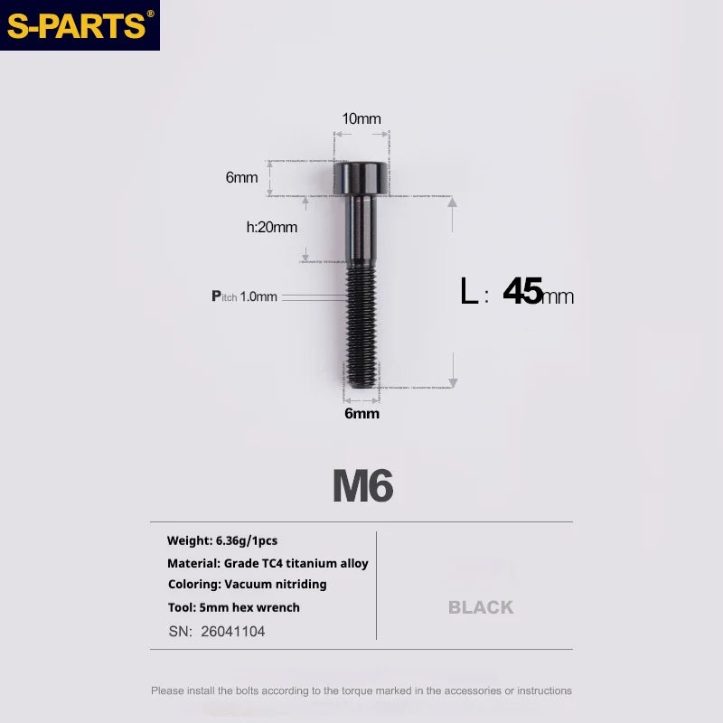 S-PARTS M6 Titanium Stem & Caliper Bolts — 30–70mm — 5mm Hex — L45mm / Black