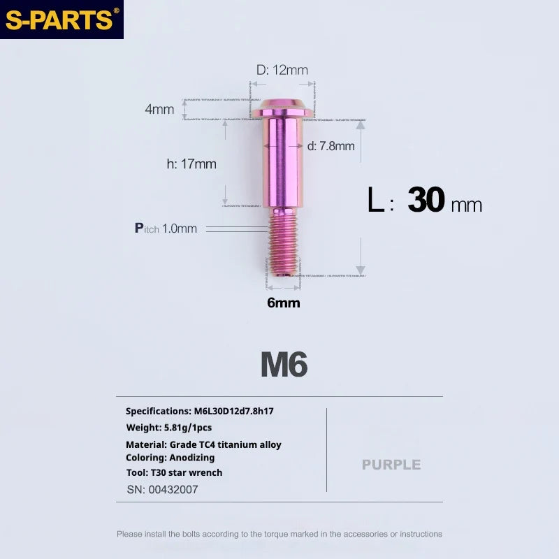 S-PARTS A3 M6 Umbrella Head Step Bolts — Purple — 36 Specifications — L30 D12 step screws D7.8 H17