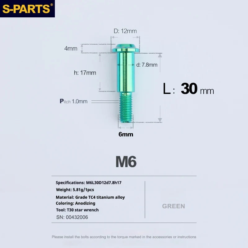 S-PARTS A3 M6 Umbrella Head Step Bolts — Green — 36 Specifications — L30 D12 step screws D7.8 H17