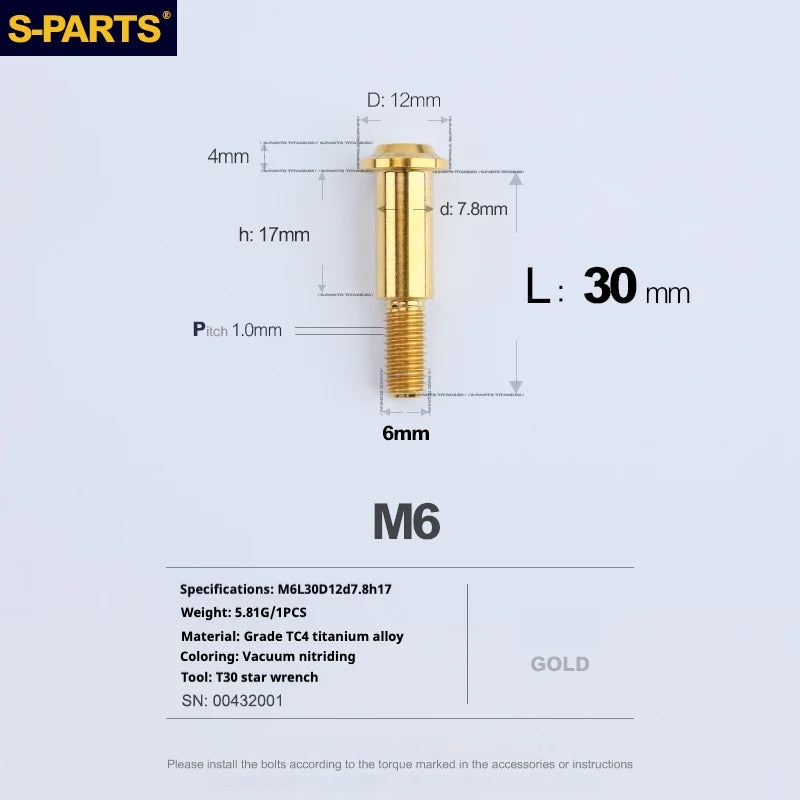 S-PARTS A3 M6 Umbrella Head Step Bolts — Gold — 36 Specifications — L30 D12 step screws D7.8 H17