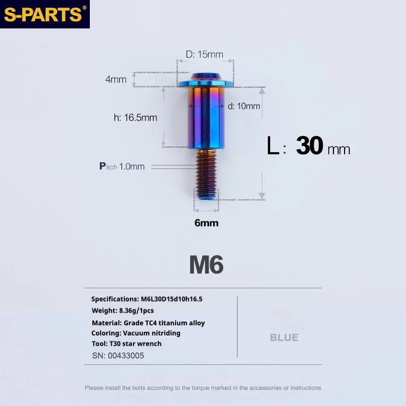 S-PARTS A3 M6 Umbrella Head Step Bolts — Blue — 36 Specifications — L30 D15 step screws D10 H16.5