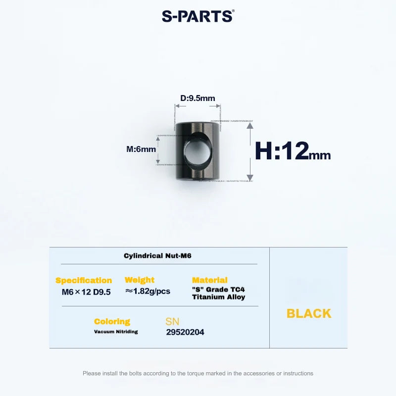 S-PARTS M6 Titanium Seatpost Step-Down Bolt & Nut Kit — 22 / 30 / 35 / 40mm — Black / Cylindrical nut(M6 D9.5 H12)