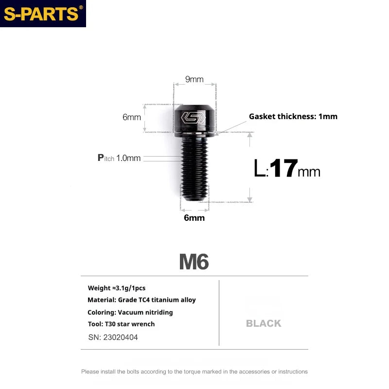 S-PARTS A2 M6 TC4 Titanium Bolts — 10–55mm — Multiple Colors — L17mm / Black