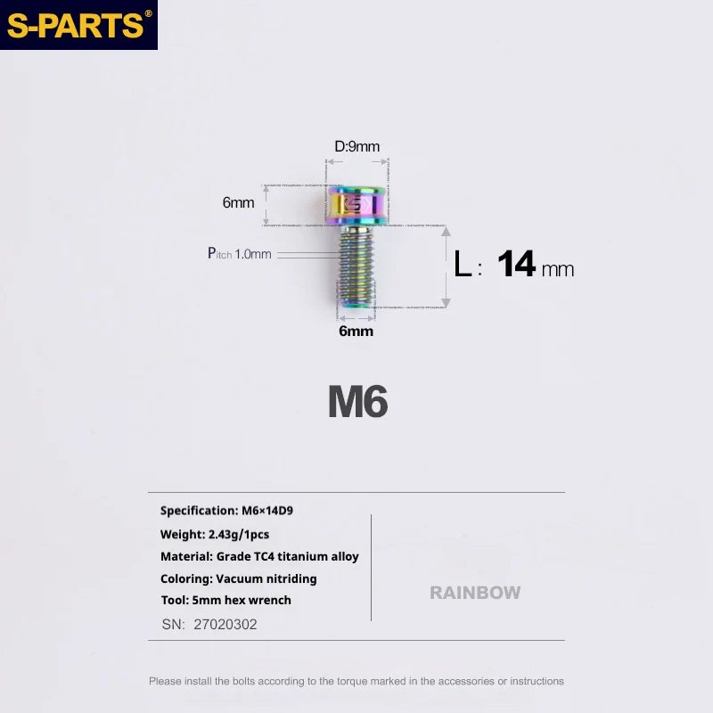 S-PARTS M6 Cylindrical Head Titanium Bolts — 10–25mm — M6×14mm / Rainbow