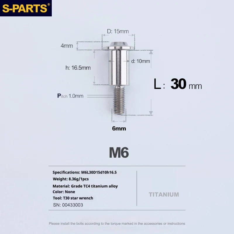 S-PARTS A3 M6 Umbrella Head Step Bolts — Titanium — 36 Specifications — L30 D15 step screws D10 H16.5