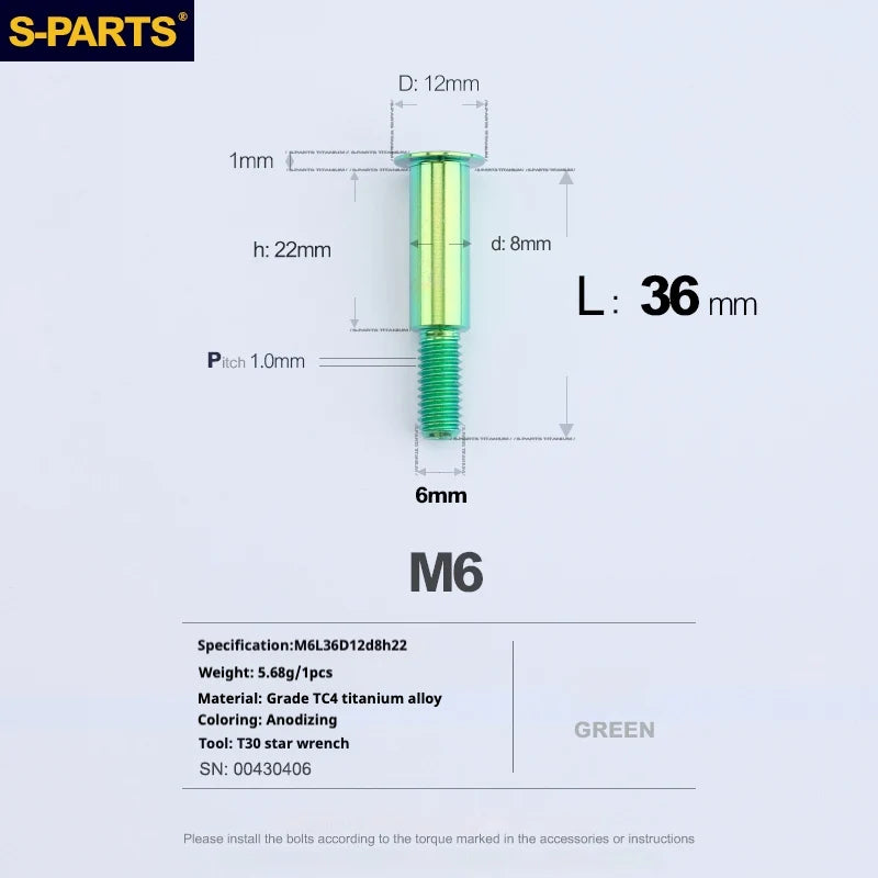 S-PARTS A3 M6 Umbrella Head Step Bolts — Green — 36 Specifications — L36 D12 step screws D8 H22
