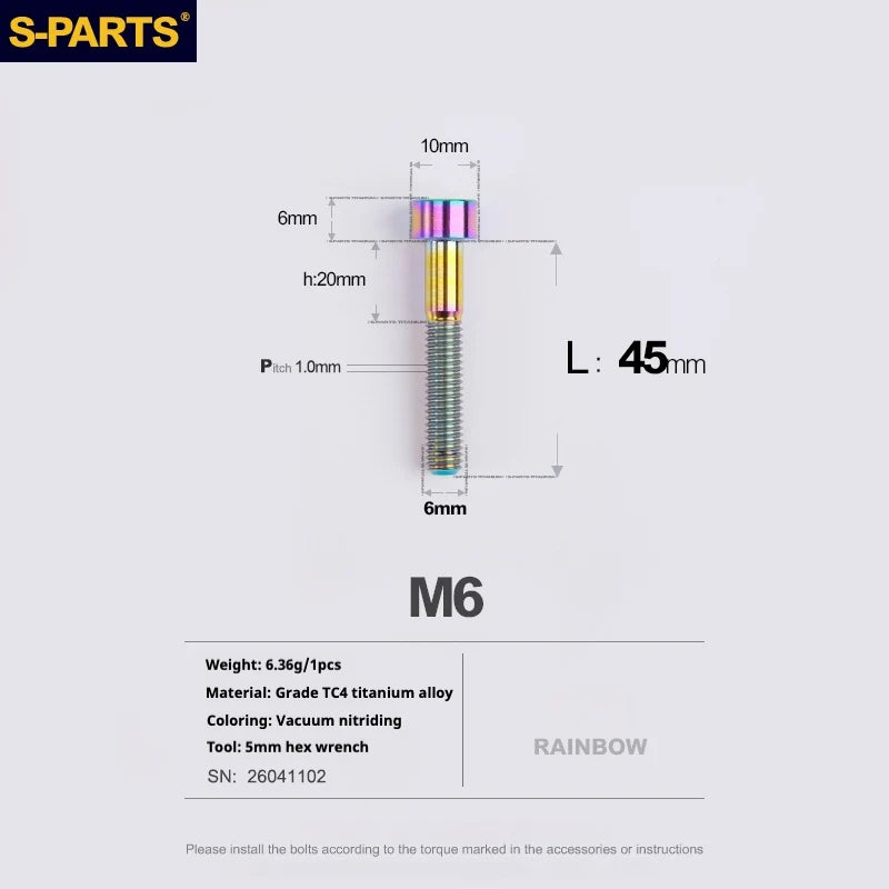 S-PARTS M6 Titanium Stem & Caliper Bolts — 30–70mm — 5mm Hex — L45mm / Rainbow