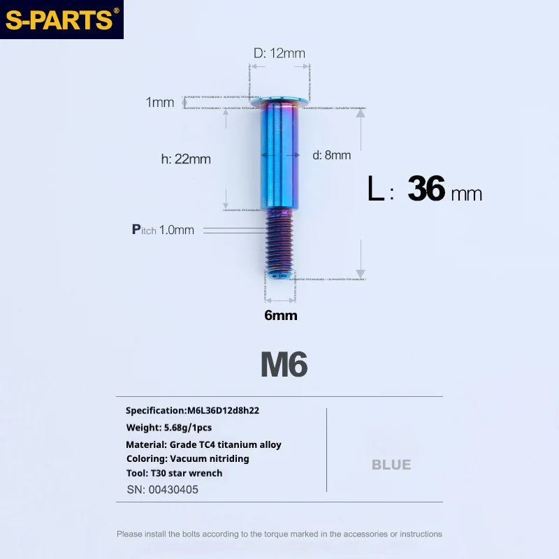 S-PARTS A3 M6 Umbrella Head Step Bolts — Blue — 36 Specifications — L36 D12 step screws D8 H22