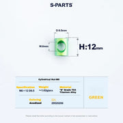 S-PARTS M6 Titanium Seatpost Step-Down Bolt & Nut Kit — 22 / 30 / 35 / 40mm — Green / Cylindrical nut(M6 D9.5 H12)