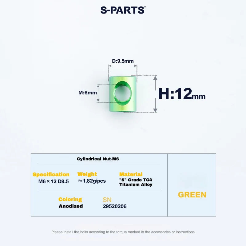 S-PARTS M6 Titanium Seatpost Step-Down Bolt & Nut Kit — 22 / 30 / 35 / 40mm — Green / Cylindrical nut(M6 D9.5 H12)