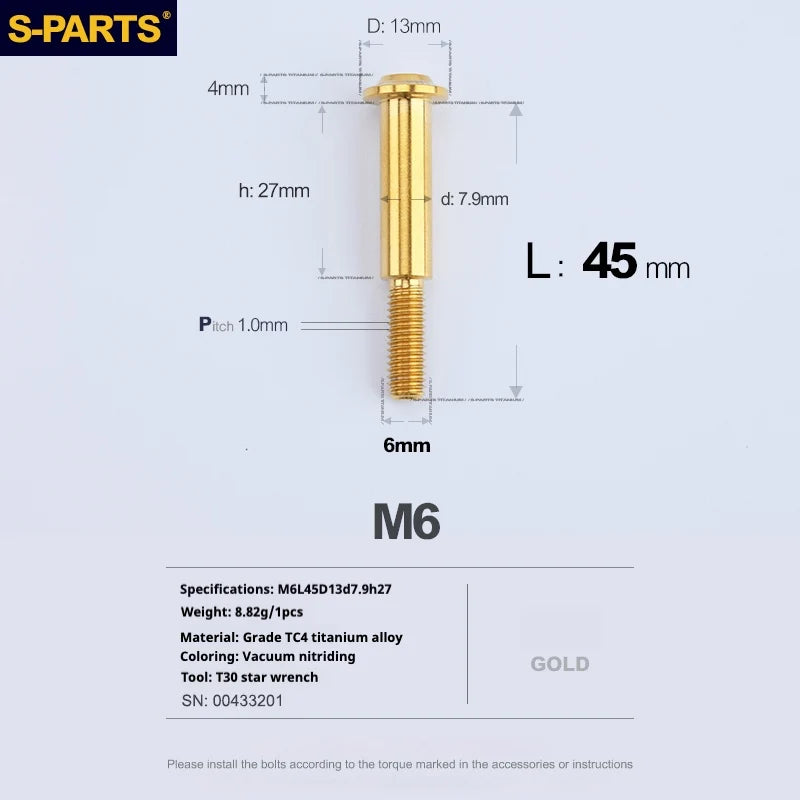 S-PARTS A3 M6 Umbrella Head Step Bolts — Gold — 36 Specifications — L45 D13 step screws D7.9 H27