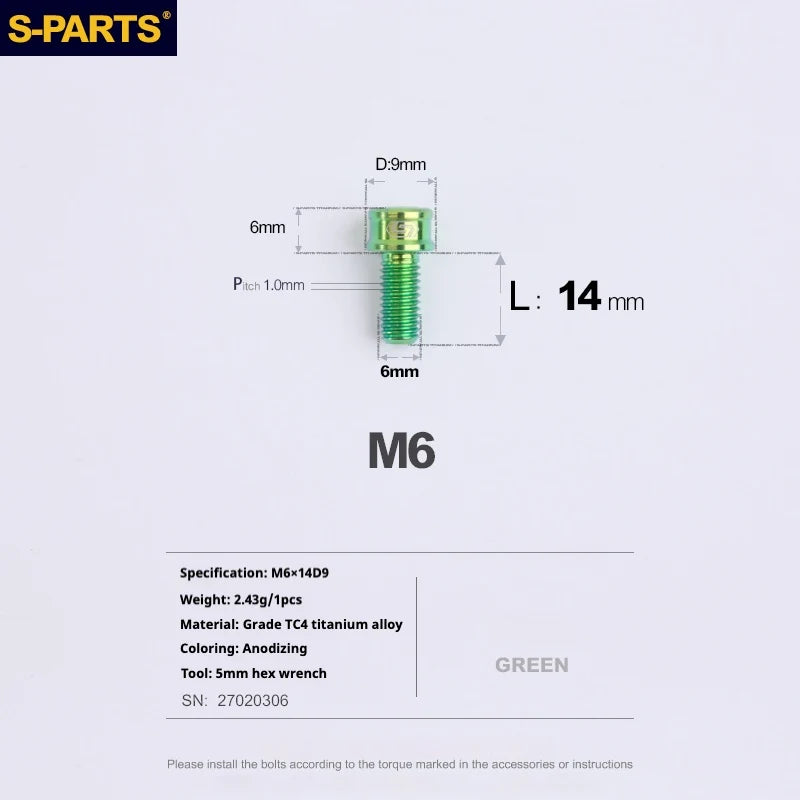 S-PARTS M6 Cylindrical Head Titanium Bolts — 10–25mm — M6×14mm / Green